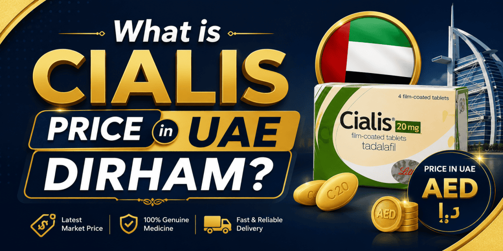 Modern promotional banner showing Cialis price in UAE Dirham with medicine box, AED currency symbols, UAE flag, and luxury blue and gold design theme.