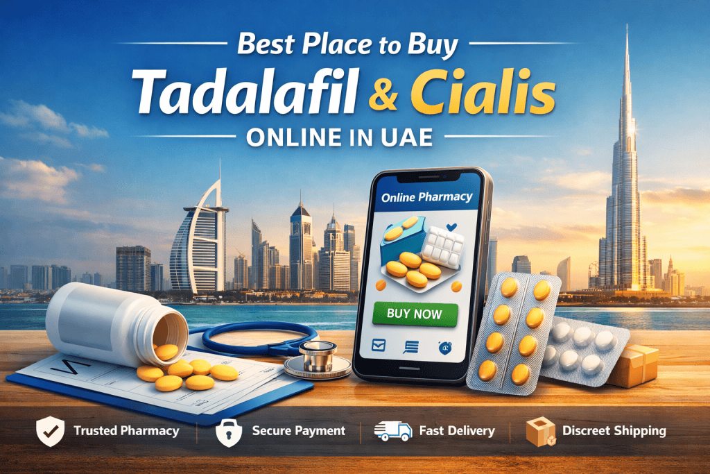 Digital banner showing “Best Place to Buy Tadalafil & Cialis Online in UAE” with UAE skyline background, online pharmacy concept on a smartphone, tablets, prescription items, and delivery symbols representing secure and discreet medicine ordering.