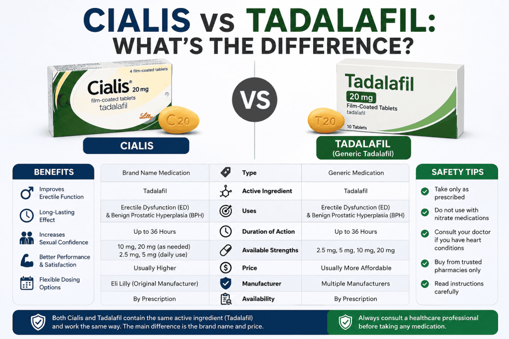 Cialis vs Tadalafil comparison chart showing benefits, uses, duration, dosage, and cost differences