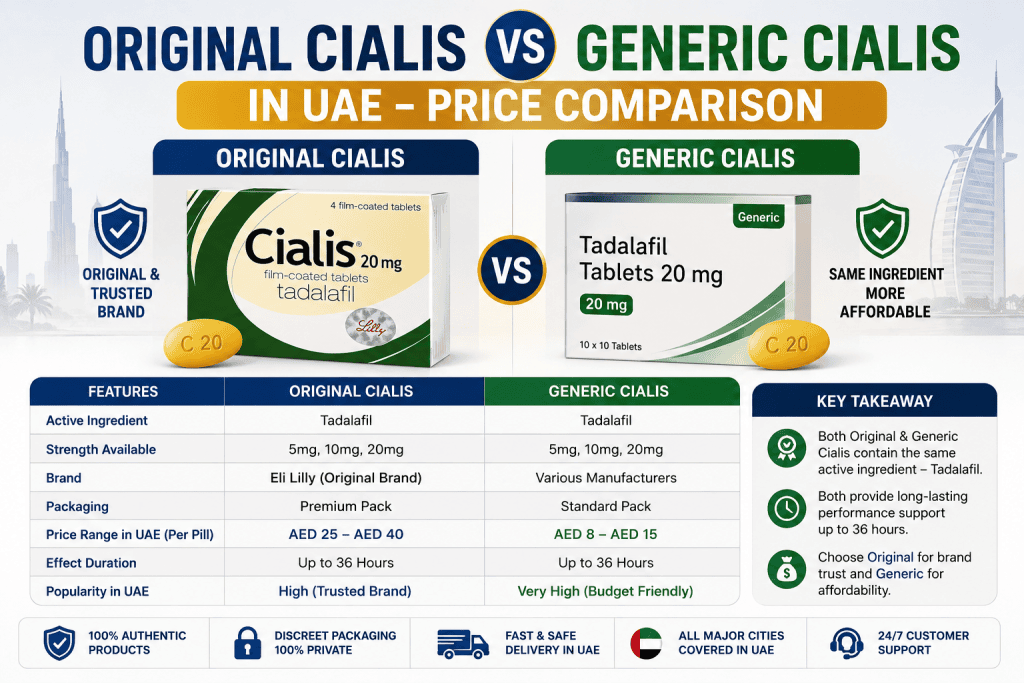 Image ALT Text: Original Cialis vs Generic Cialis price comparison infographic in UAE