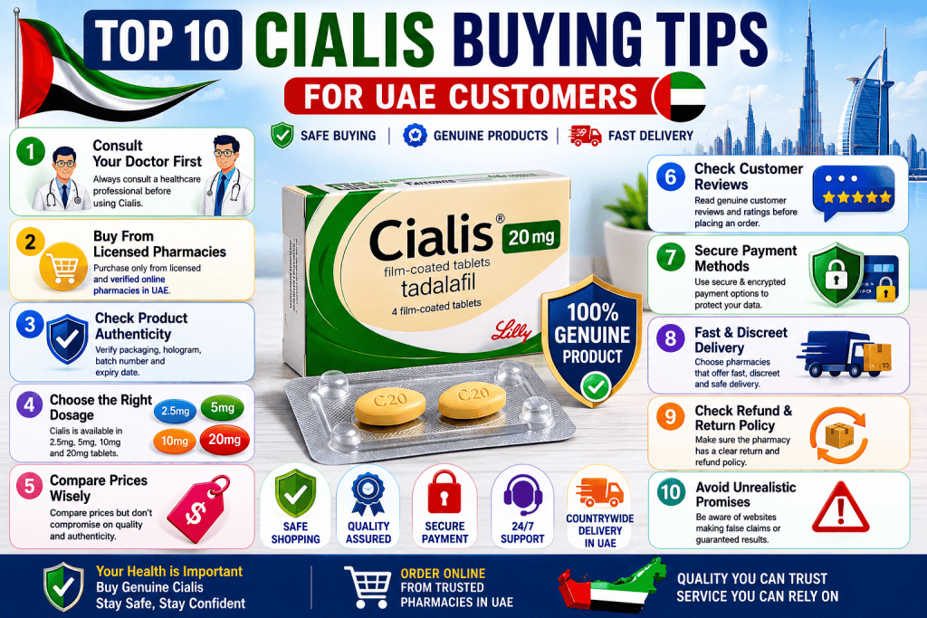 Top 10 Cialis buying tips infographic for UAE customers featuring trusted pharmacies, authentic products, dosage guidance, secure payments, and delivery tips.