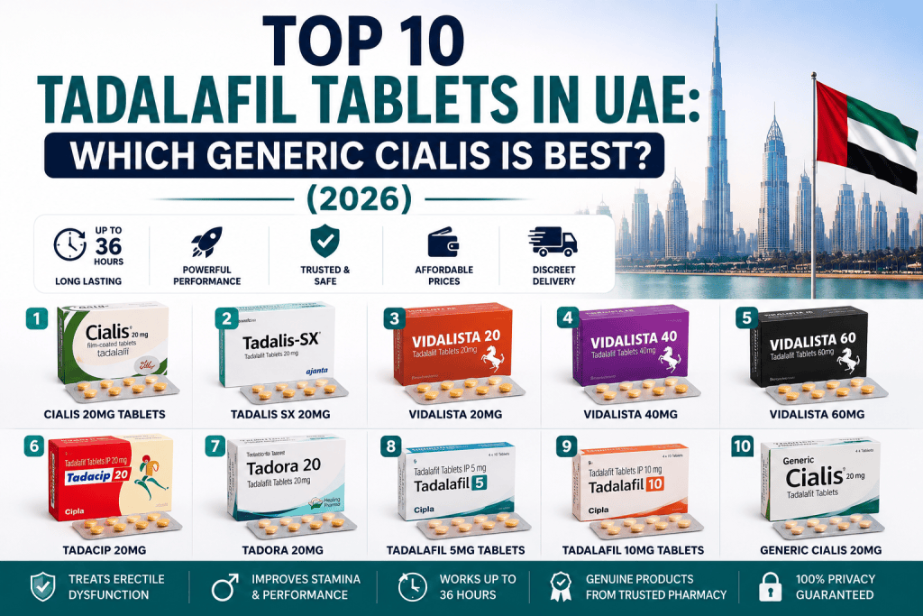 Top 10 tadalafil tablets in UAE featuring the best Generic Cialis brands including Cialis, Vidalista, Tadalis SX, Tadacip, Tadora, and Tadalafil tablets.