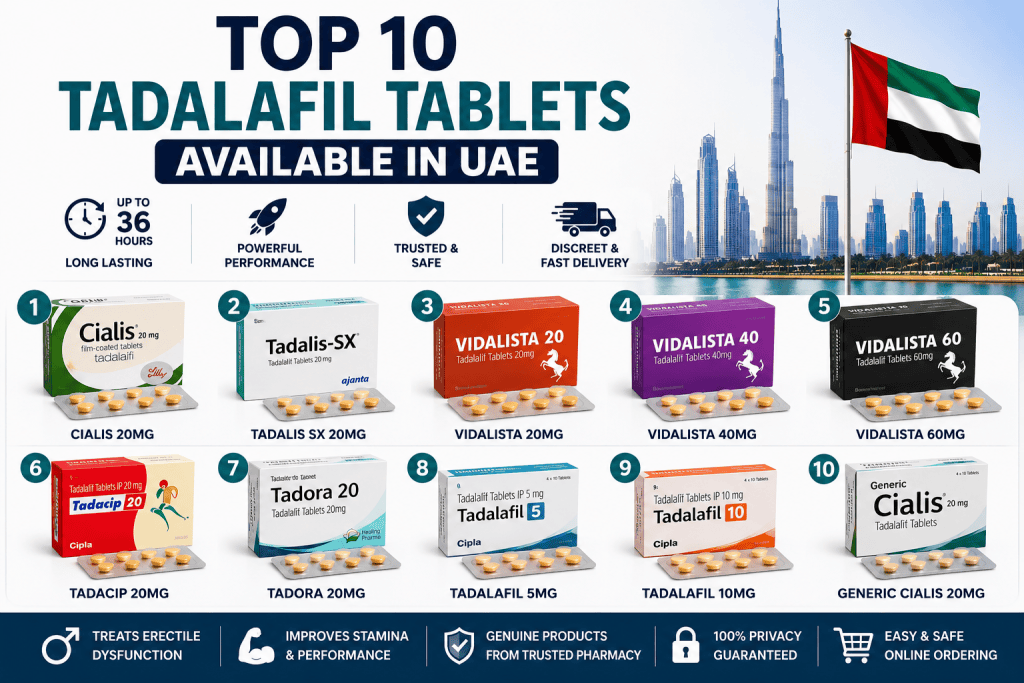 Top 10 tadalafil tablets available in UAE including Cialis 20mg, Tadalis SX, Vidalista, Tadacip, Tadora, and Generic Cialis.